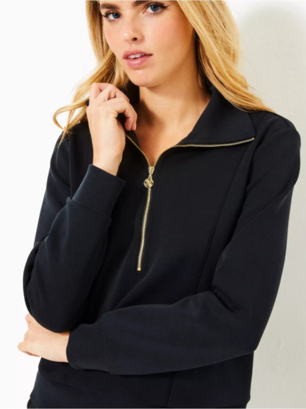 LILLY PULITZER UPF 50+ ELENI PULLOVER NOIR Black Half-Zip Pullover with Gold Zip
